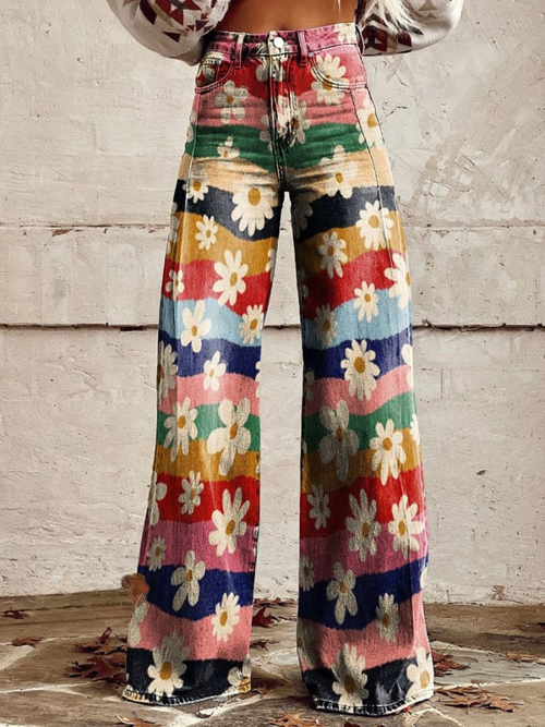 Lily™ - Vintage-Hose mit weitem Bein und bunten Streifen und Blumenmuster
