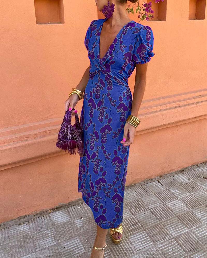 Aria™ - Vestido elegante com decote em V profundo e padrão de folhas