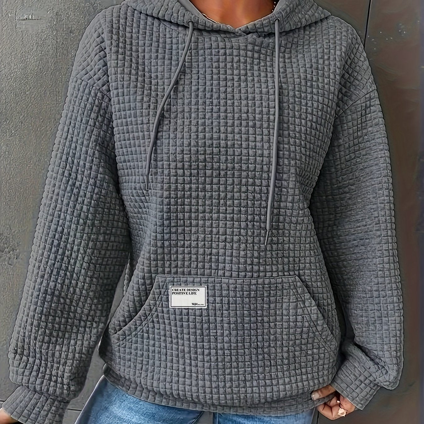 Moletom com capuz de malha waffle aconchegante, pulôver feminino de manga comprida para outono/inverno.