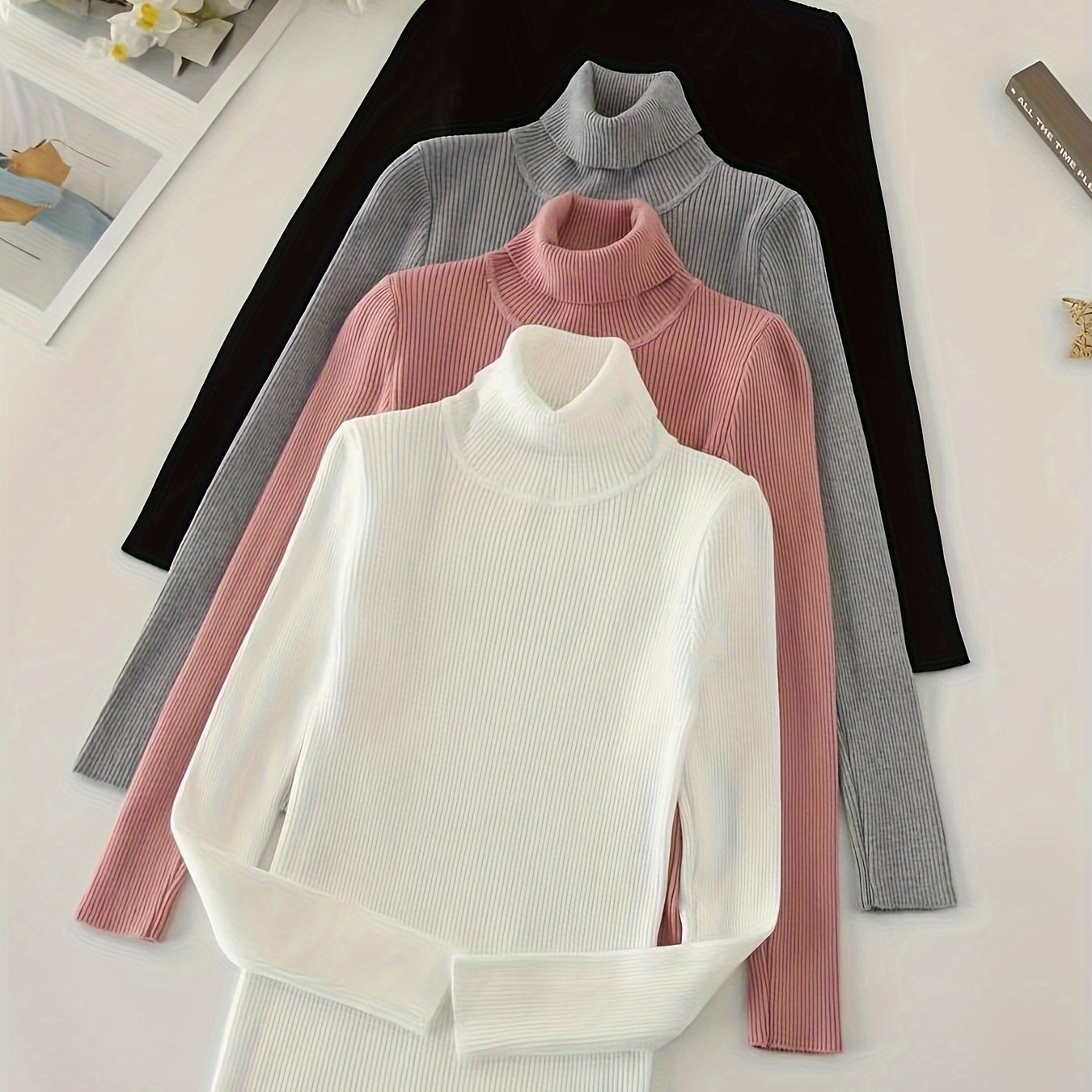 Solid Turtleneck Rib Knit Top 4-Pack - Casual Long Sleeve Slim Sweater