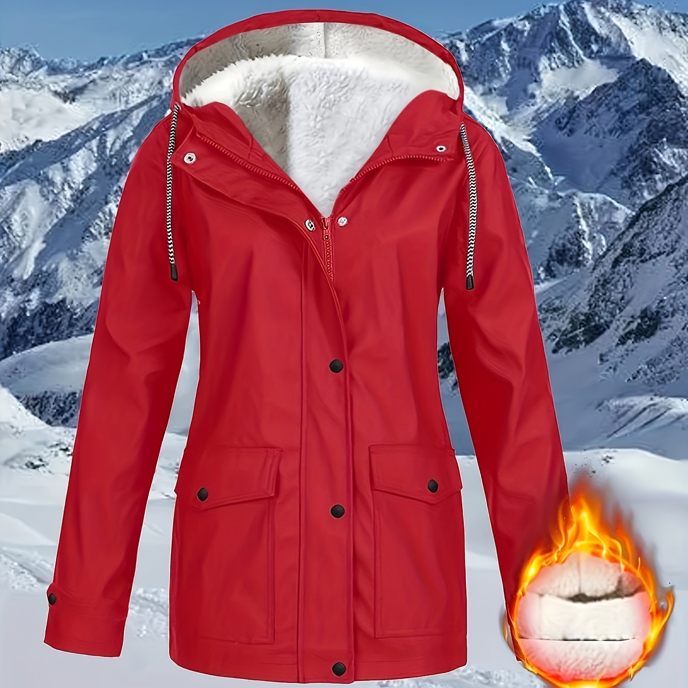 Corta-vento feminino com capuz e forro de lã - Jaqueta impermeável e casual de manga comprida para outono/inverno