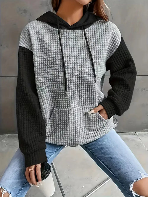 Kuscheliger Oversize-Hoodie aus Waffelstrick für Damen – Leuchtendes Rot, Langarm, Kapuze mit Kordelzug, Herbst/Winter
