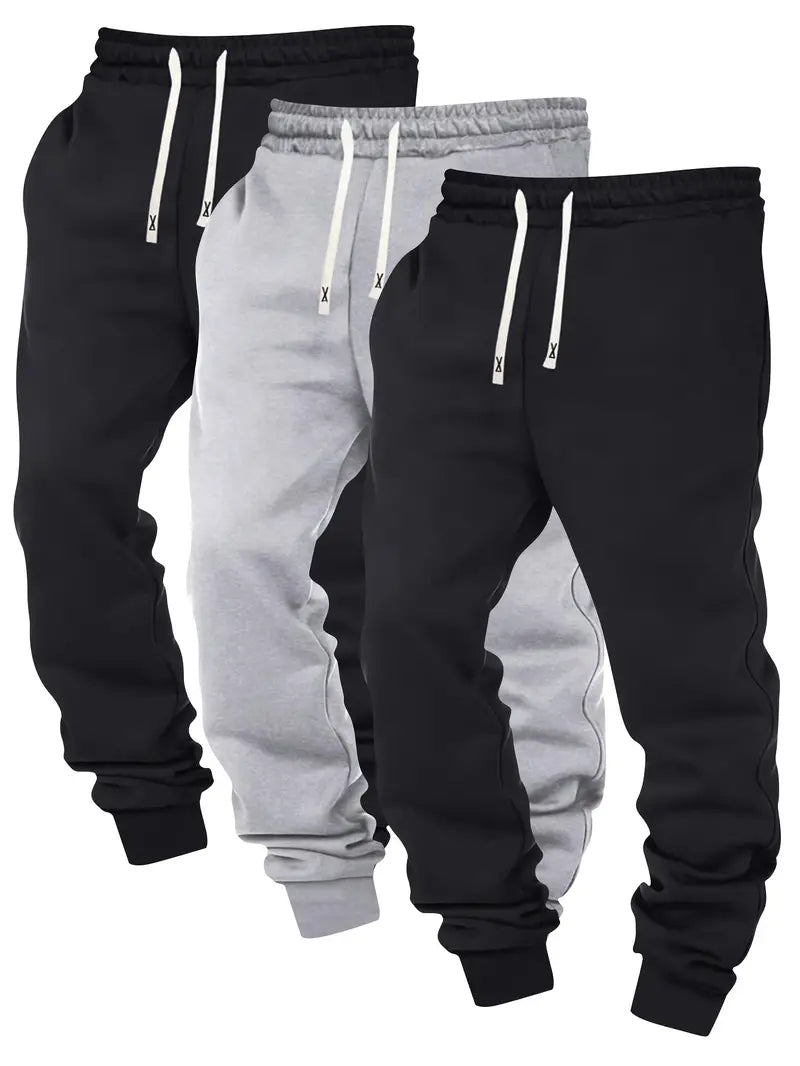 3pcs Men's Joggers - Solid Color, Drawstring Waist, Casual Athletic Sweatpants