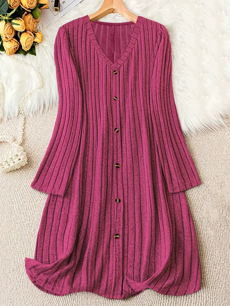 Plus Size V-Neck Ribbed Dress – Long Sleeve, Button Front, Casual Fall & Winter Wear