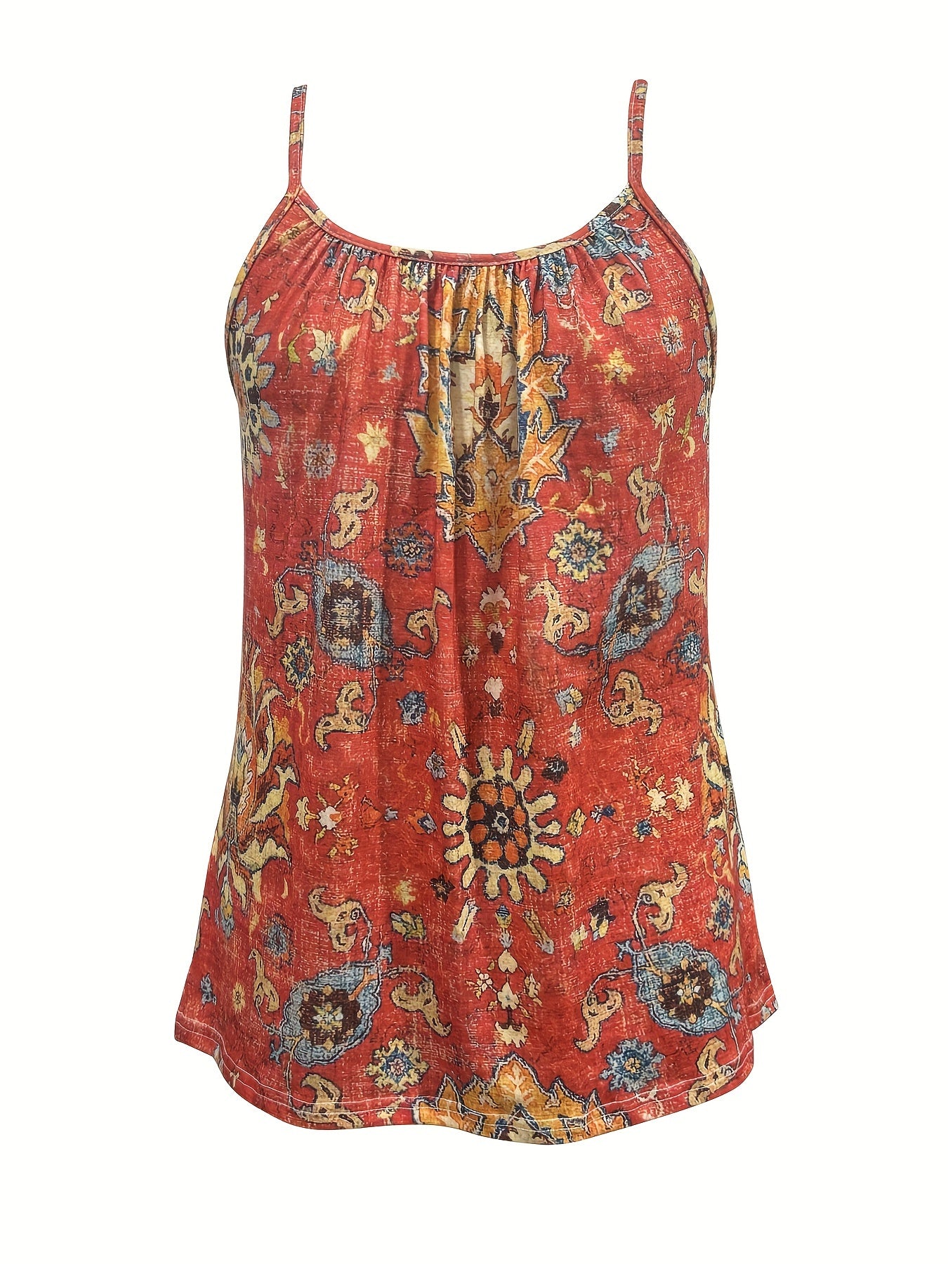Women's Boho Style Arabesque Print Spaghetti Strap Camisole Top, Round Neck Loose Fit Lounge Top