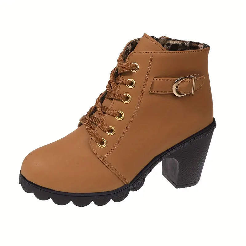 Damen-Stiefeletten mit dickem Absatz – einfarbig, seitlicher Reißverschluss, elegante Schuhe