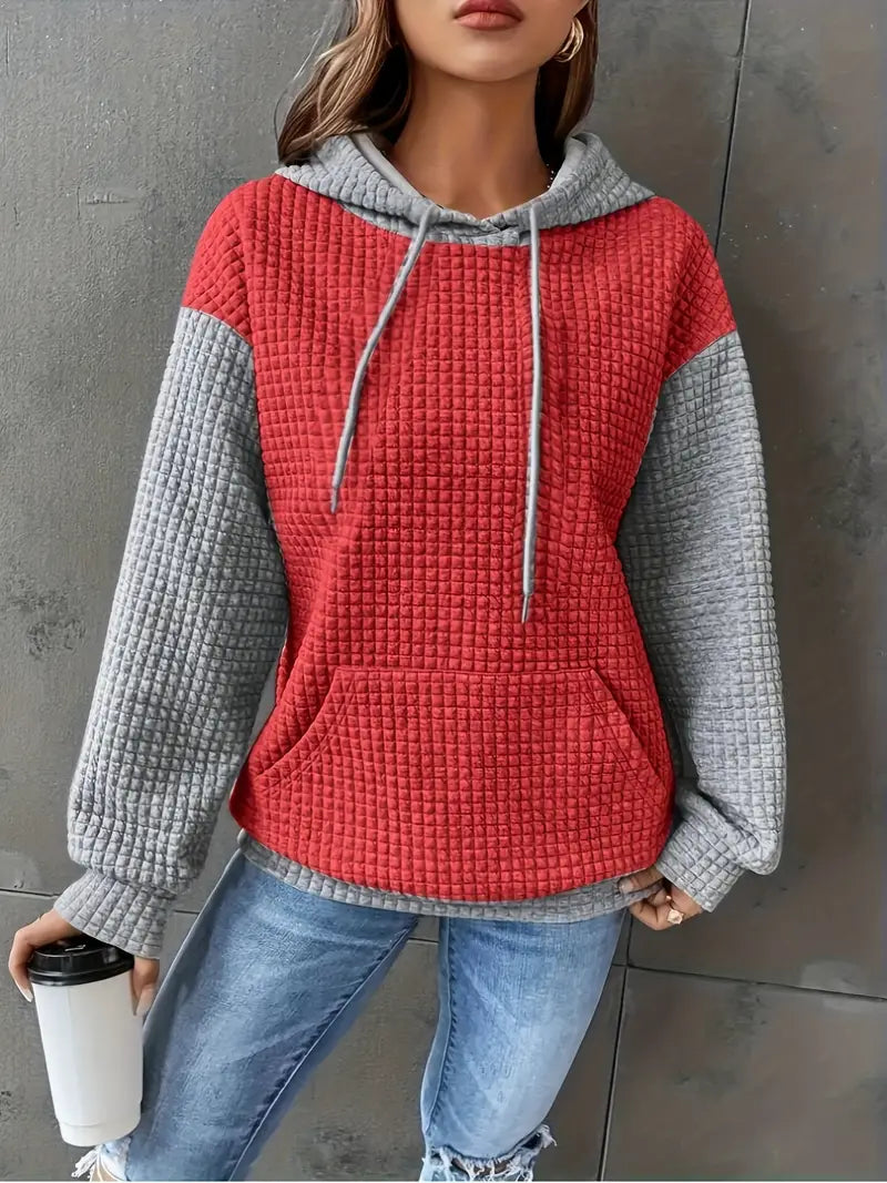 Kuscheliger Oversize-Hoodie aus Waffelstrick für Damen – Leuchtendes Rot, Langarm, Kapuze mit Kordelzug, Herbst/Winter