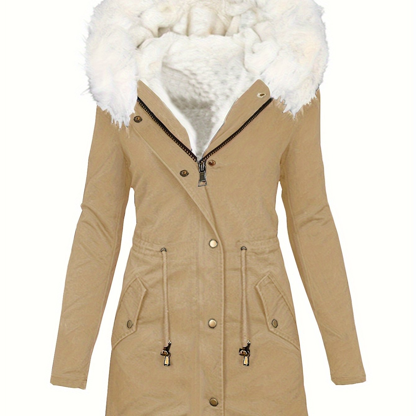 Fleece Drawstring Hoodie Coat, Zip Up Winter Outerwear