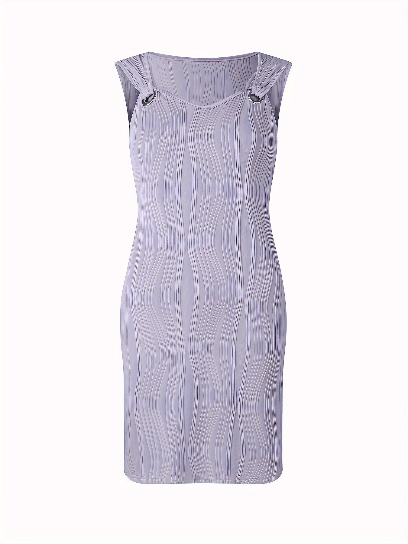 Vestido curto listrado ondulado, decote em V, sem mangas, estilo casual.