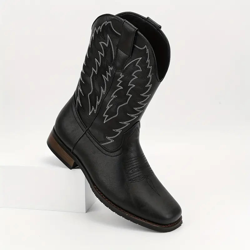 Herren-Roper-Stiefel mit quadratischer Zehenpartie, Western-Cowboystiefel, bestickte Roper-Stiefel bis zur Mitte der Wade