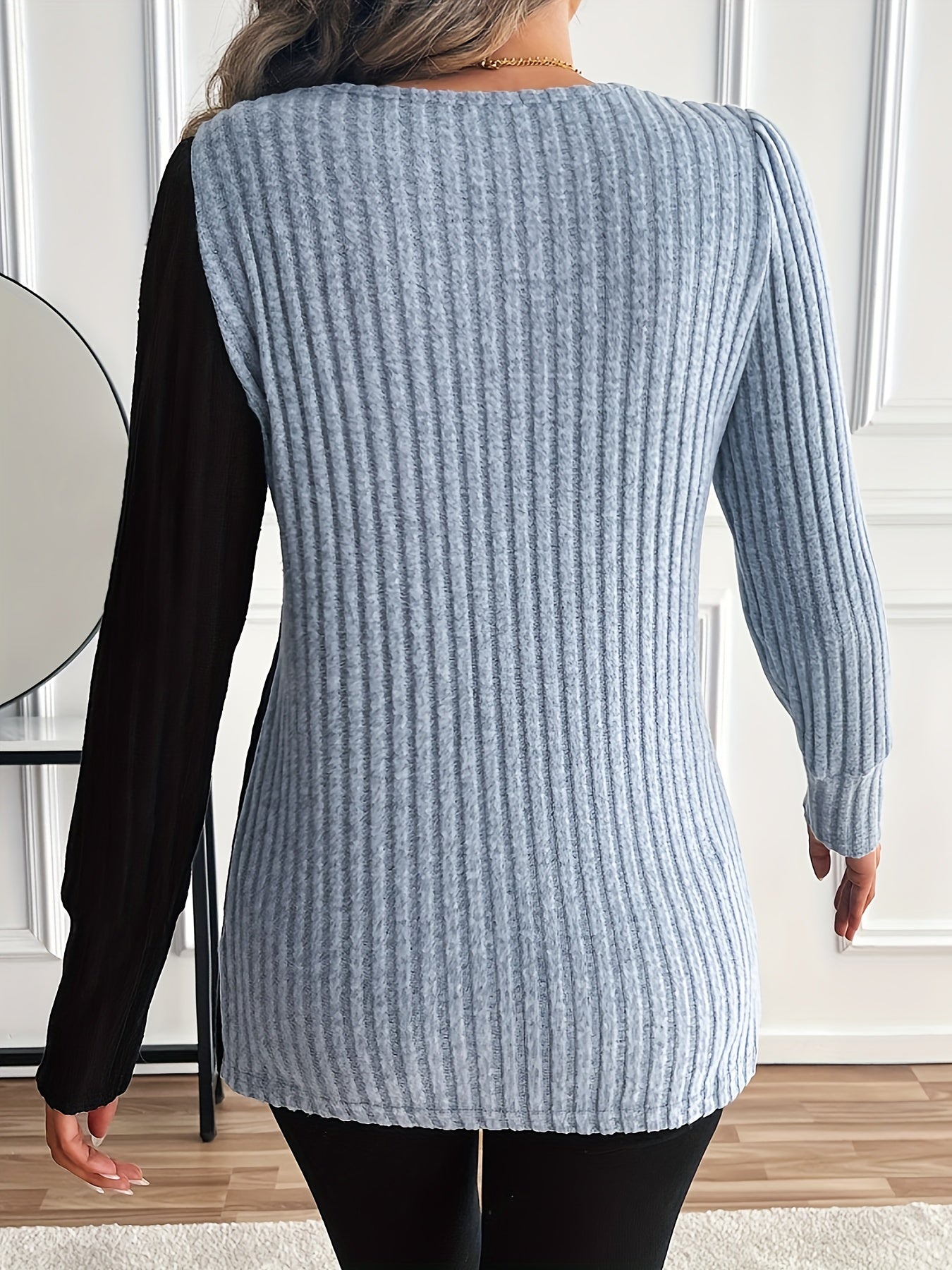 Asymmetrical Square Neck Knit Top, Long Sleeve, Spring/Fall.