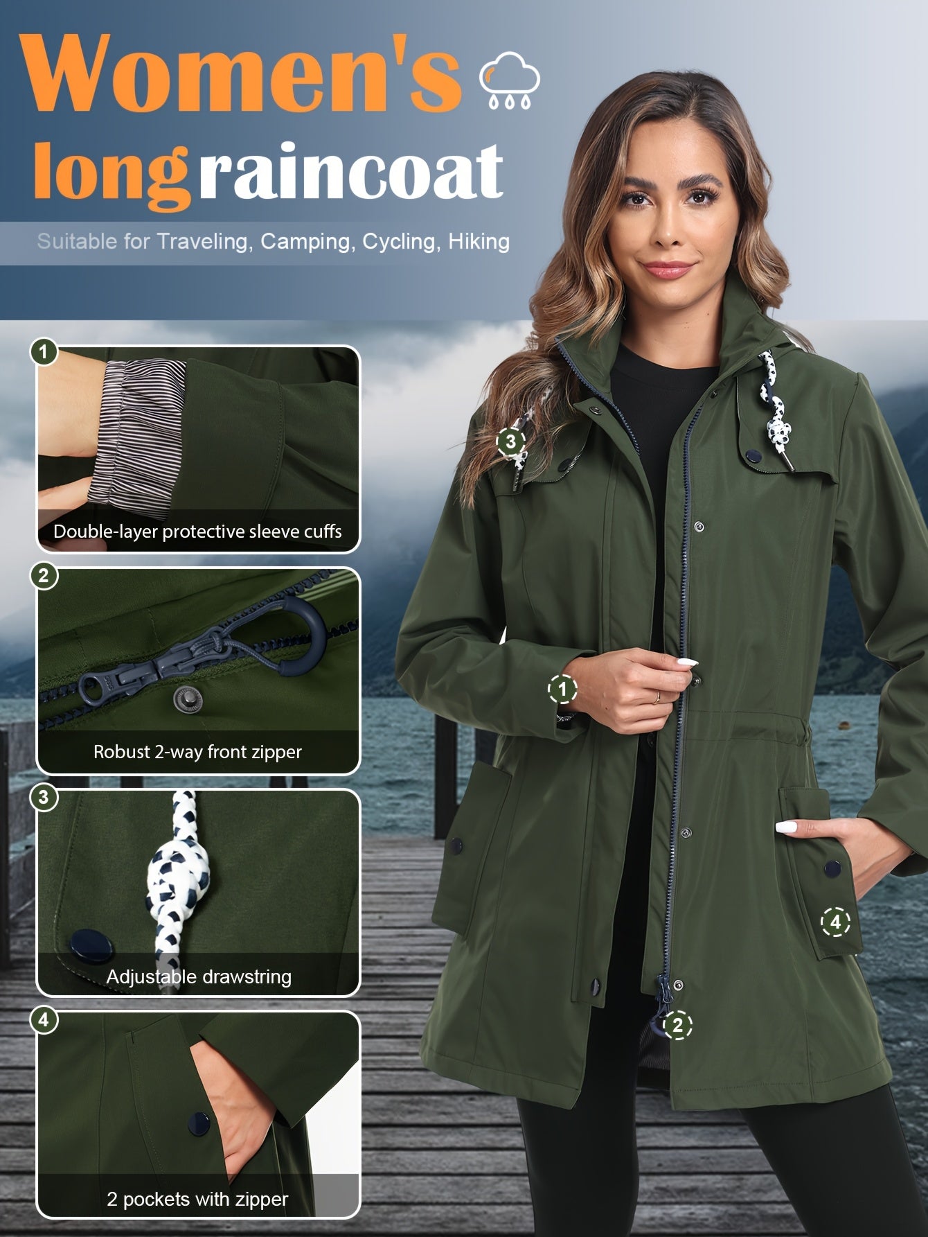 Rain Jacket Women'S Waterproof Hood Transition Jacket Long with Breathable Lining Trench Coat Windbreaker