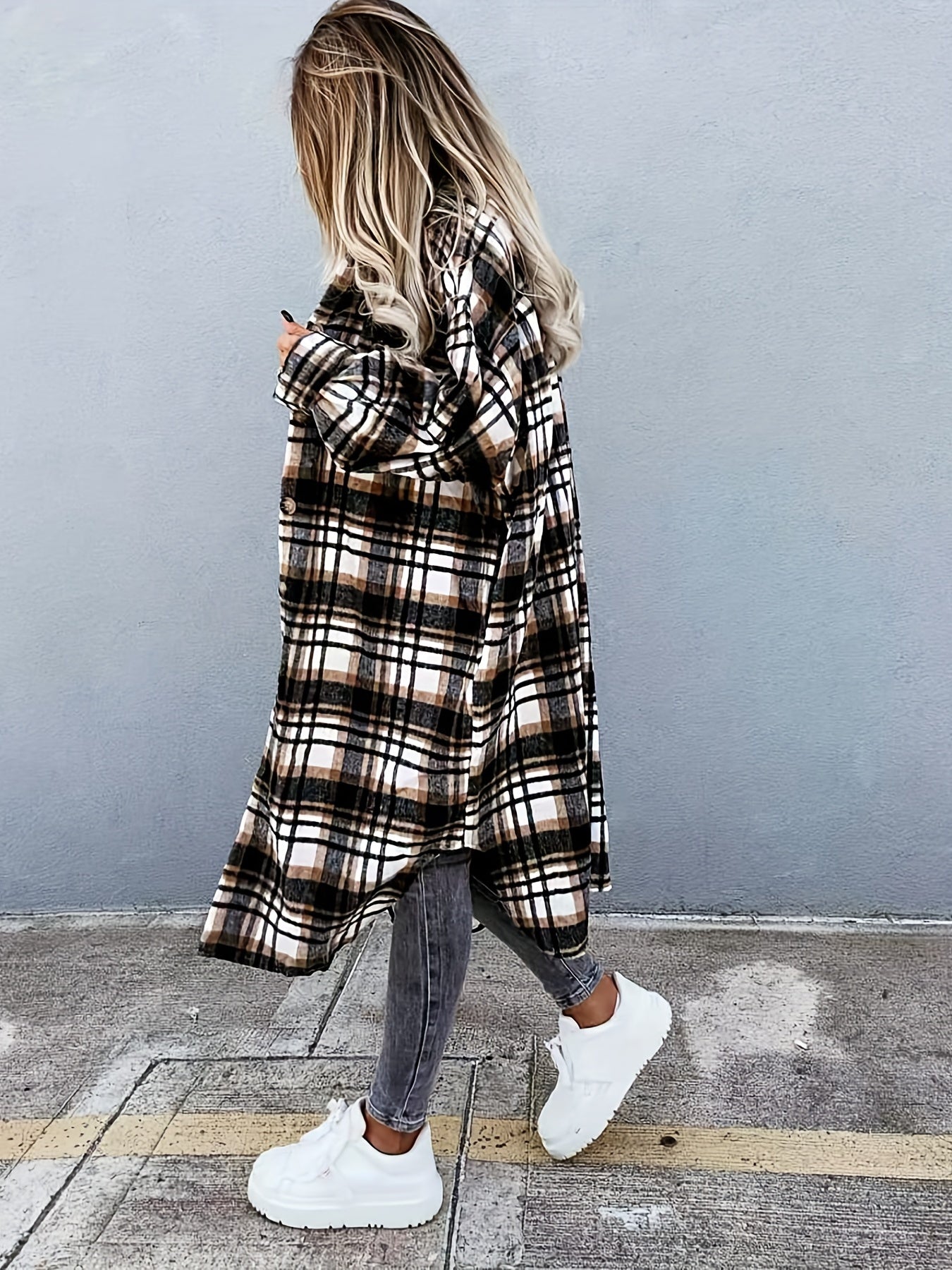 Plaid Print Long Jacket, Casual Button-Front with Flap Pockets.