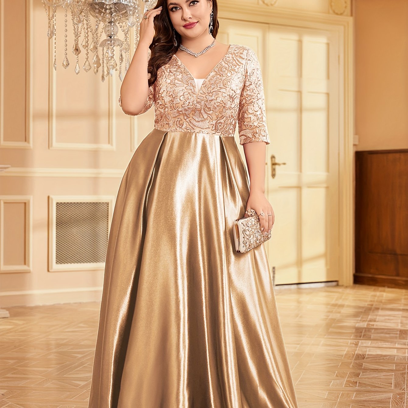 Elegant Navy Blue Sequin V-Neck Dress with Slim Fit Waist - Mid-Sleeve, A-Line Wedding & Banquet Gown, Polyester, Hand Washable