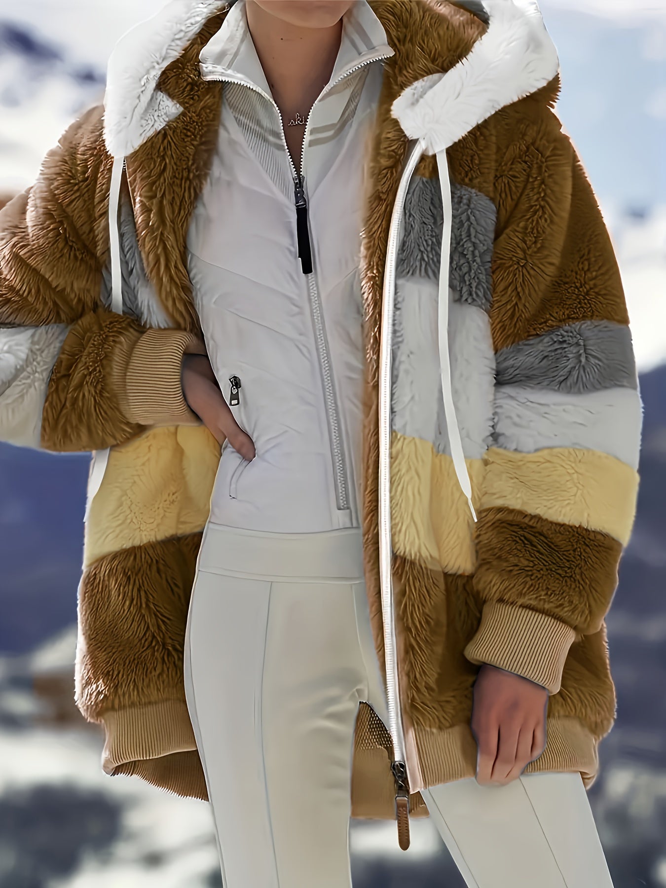 Color Block Fuzzy Hooded Coat, Casual Winter Outerwear.