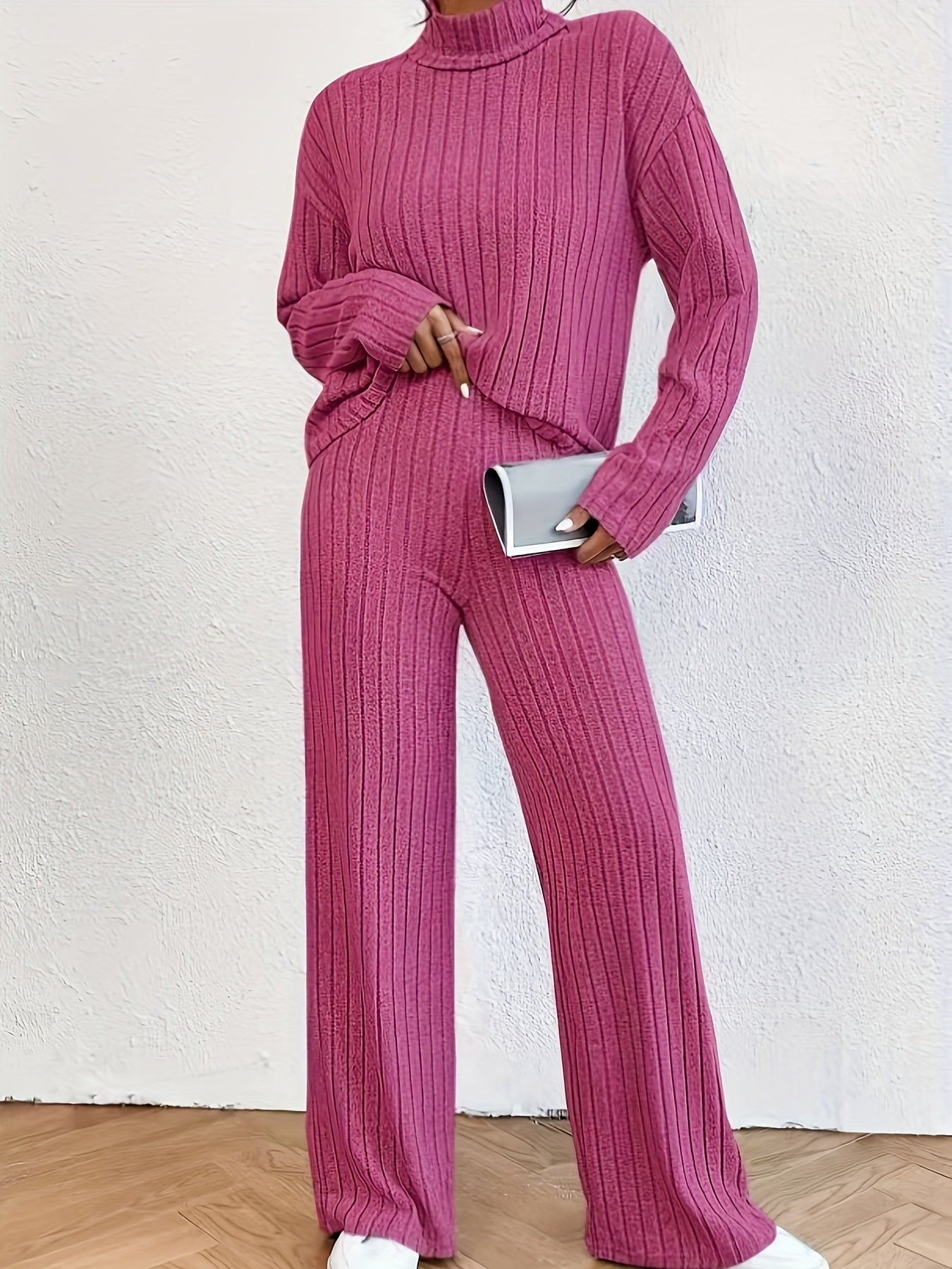 Solid Ribbed Two-piece Set, Mock Neck T-shirt & Wide Leg Pants