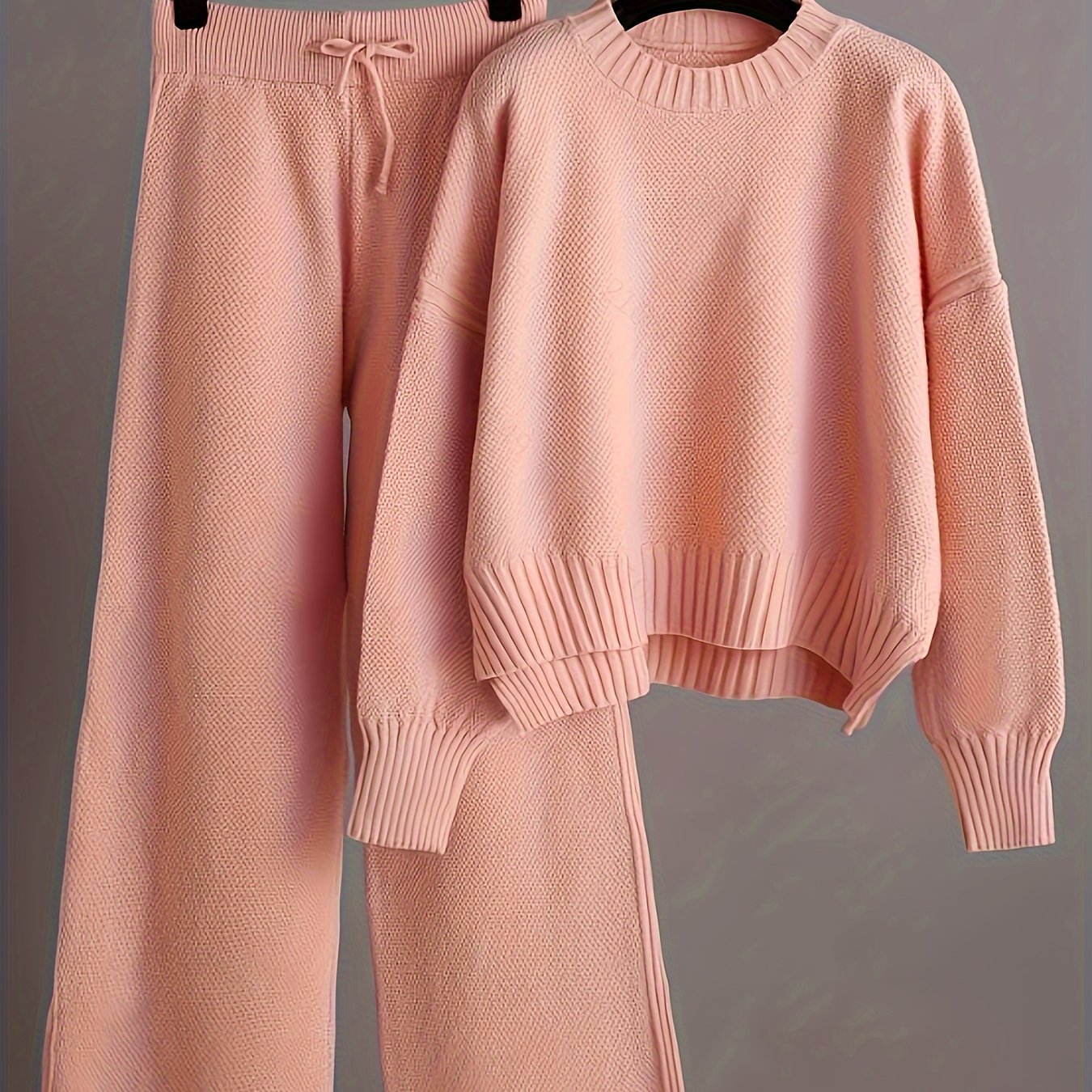 Damen-Set aus Strickpullover und Hose mit weitem Bein – lässig, langärmlig, einfarbig