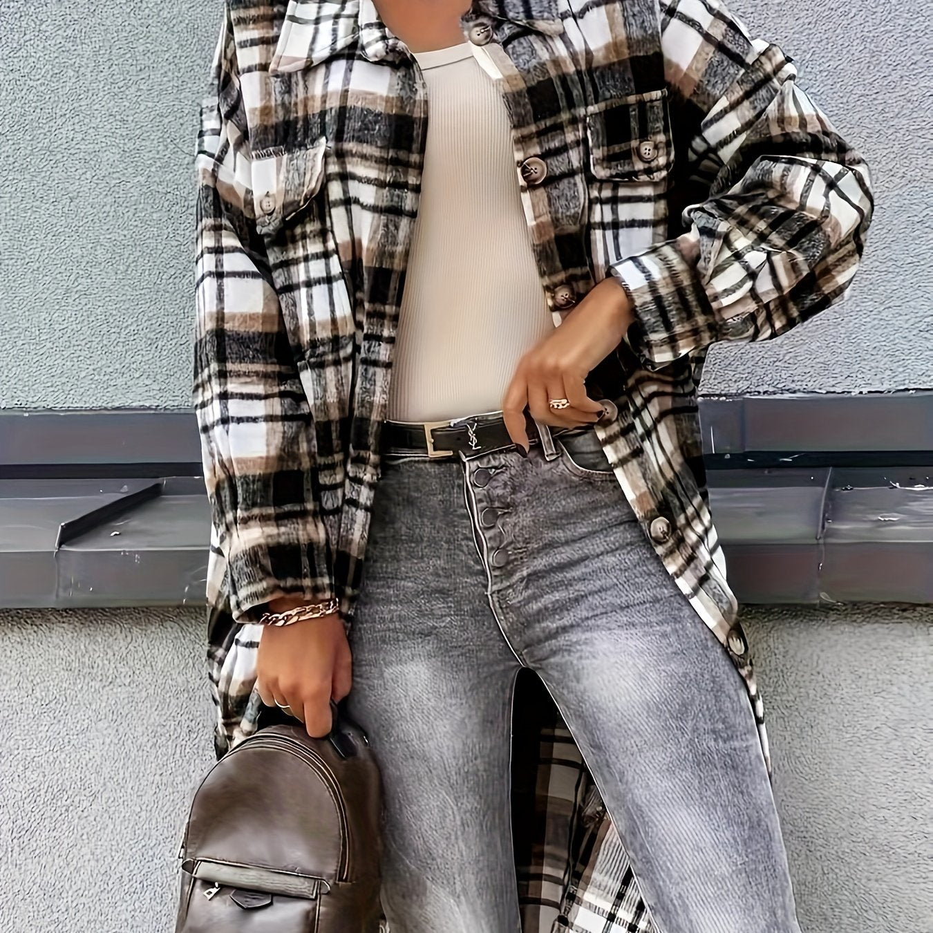 Plaid Print Long Jacket, Casual Button-Front with Flap Pockets.