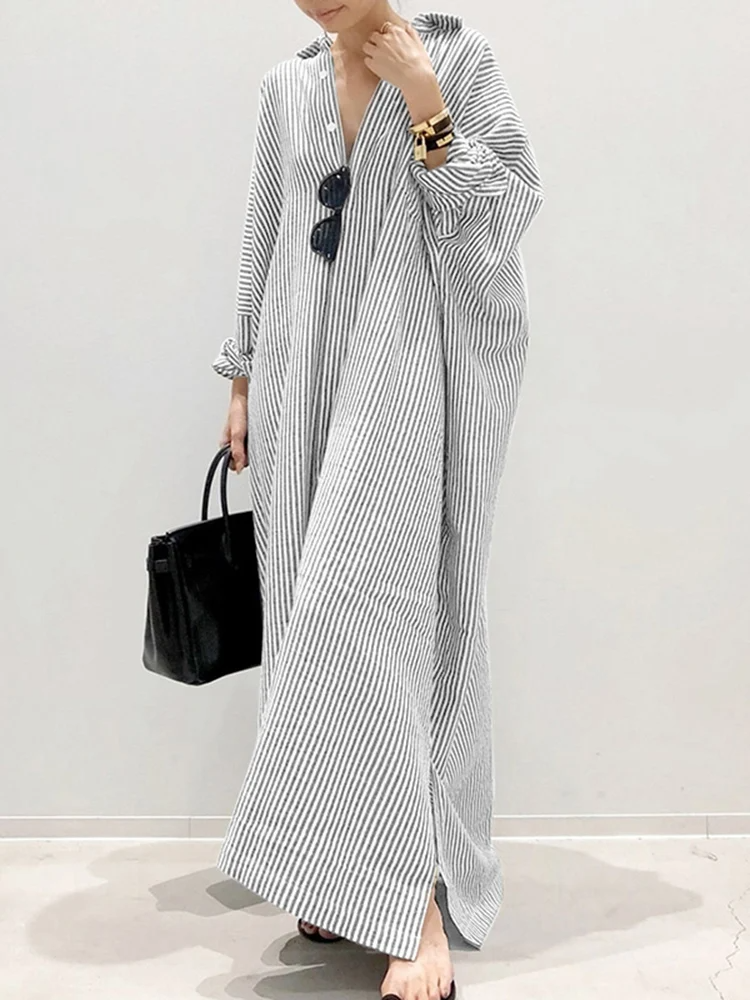 Alyssa™ - Vestido longo estampado com listras e mangas bufantes