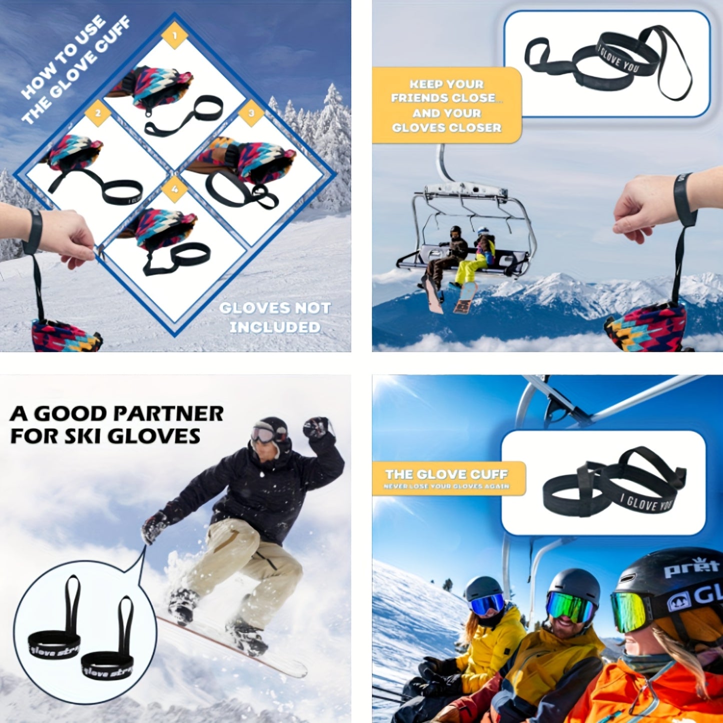 2-Pack/4-Pack Black Polyester Ski Glove Straps, Knit Fabric Wristbands for Secure Glove Hanging, Winter Outdoor Skiing Accessories, Suitable for Comprehensive Training, Ideal Gift for New Year and Valentine'S Day