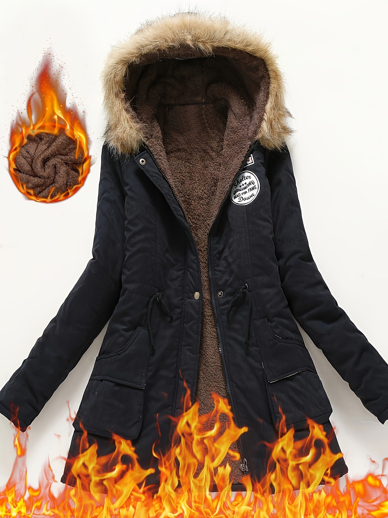 Winter Hooded Fleece Jacket, Zip-Up with Fur Collar