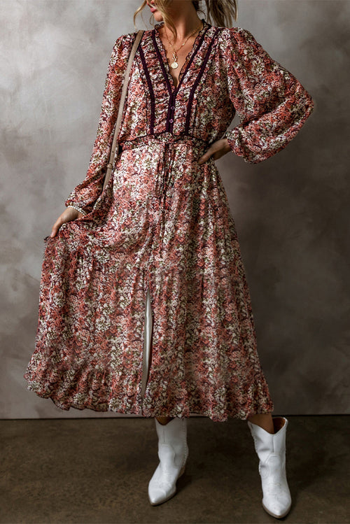 Vestido midi com decote em V e estampa floral