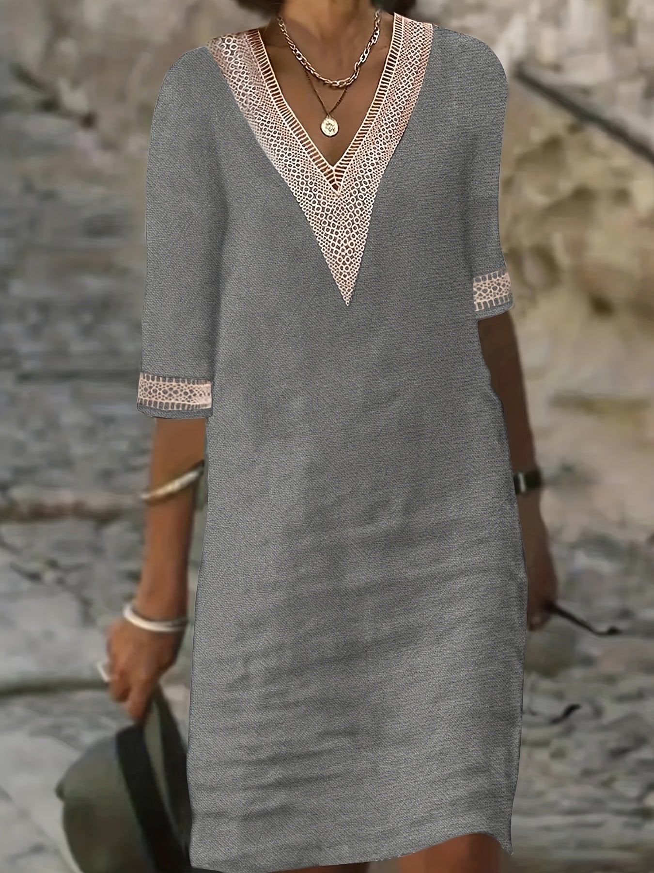 Guipure Lace V-Neck Dress, Casual Short Sleeve for Spring & Summer.