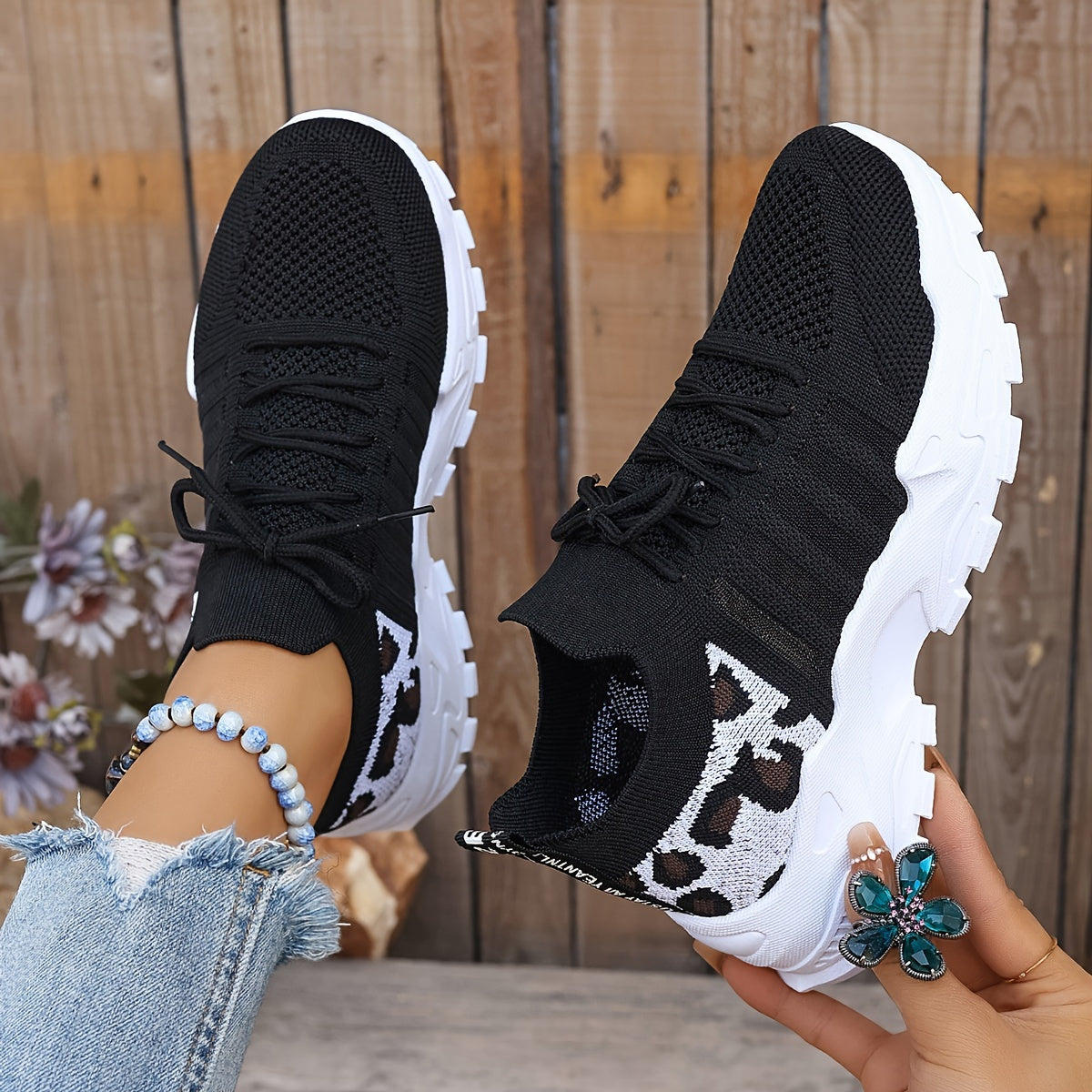 Women's Leopard Print Lace-up Running Shoes, Breathable Platform (Plus Size)