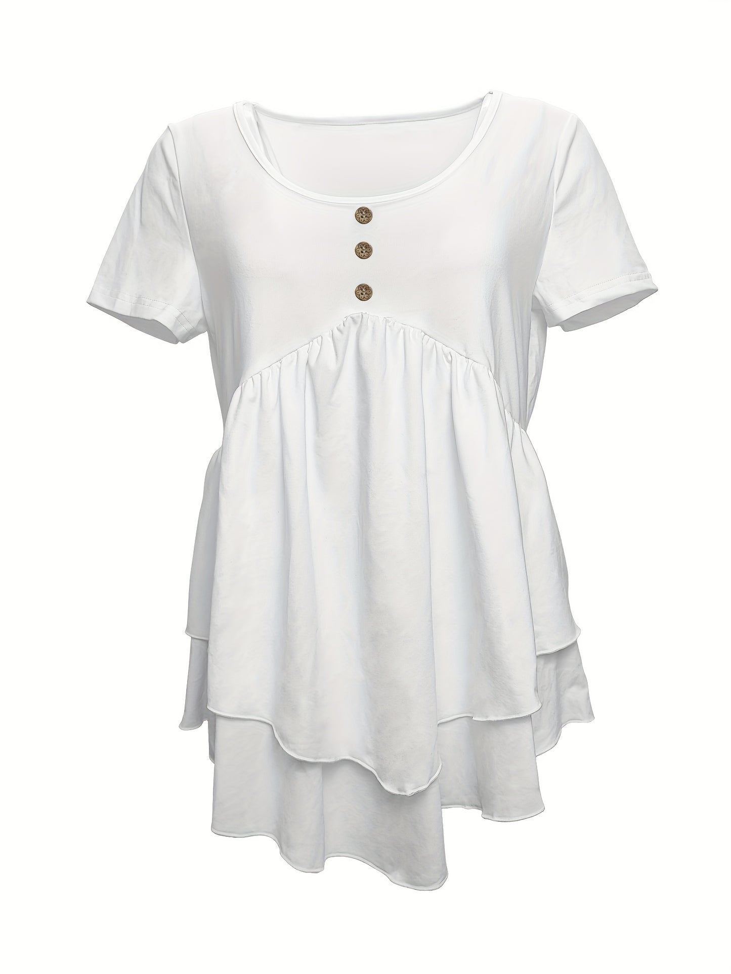 Camiseta de gola redonda de cor sólida, blusa flare com botões na frente e em camadas para primavera/verão.