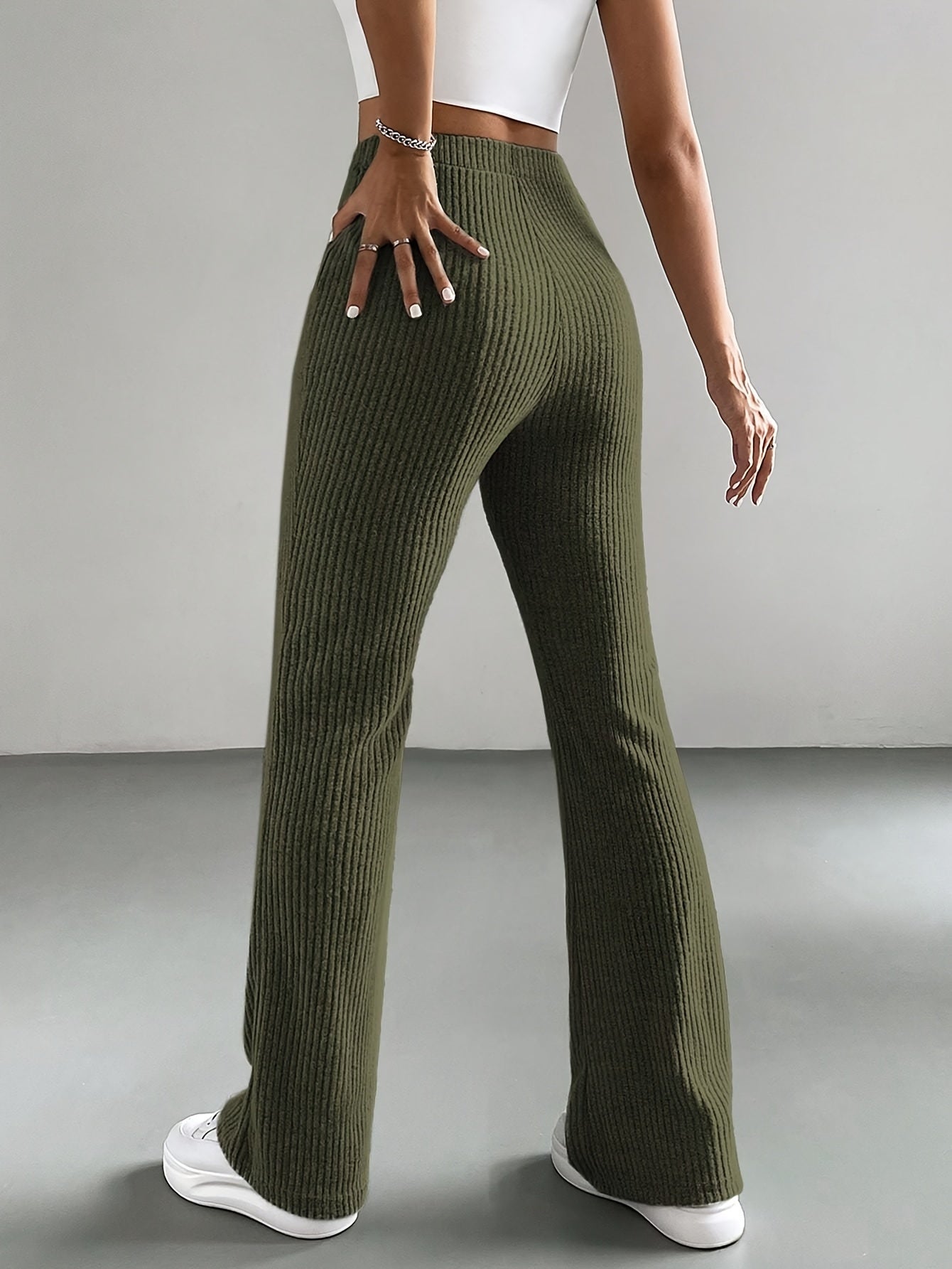 Calça Flare Ribbed de Cor Sólida - Cintura Alta para Primavera e Verão