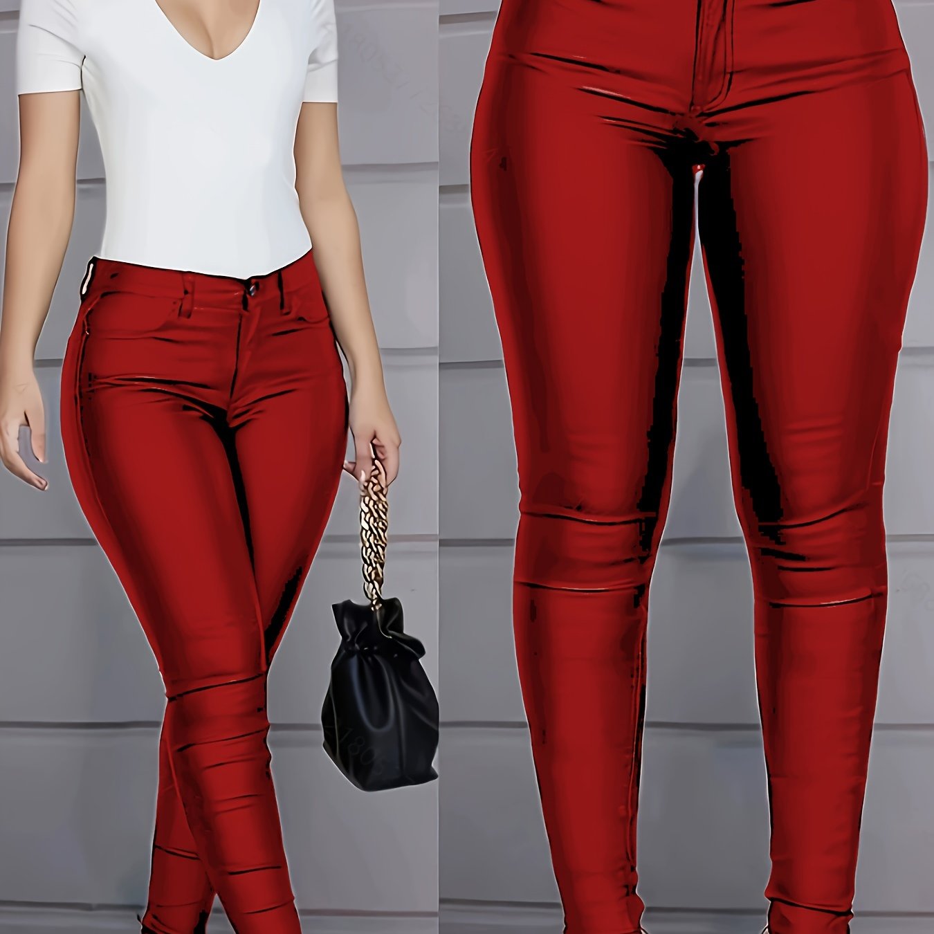 Jeans Skinny Revestido Feminino - Couro Sintético Cintura Alta, Jeans Elástico, Moda Outono