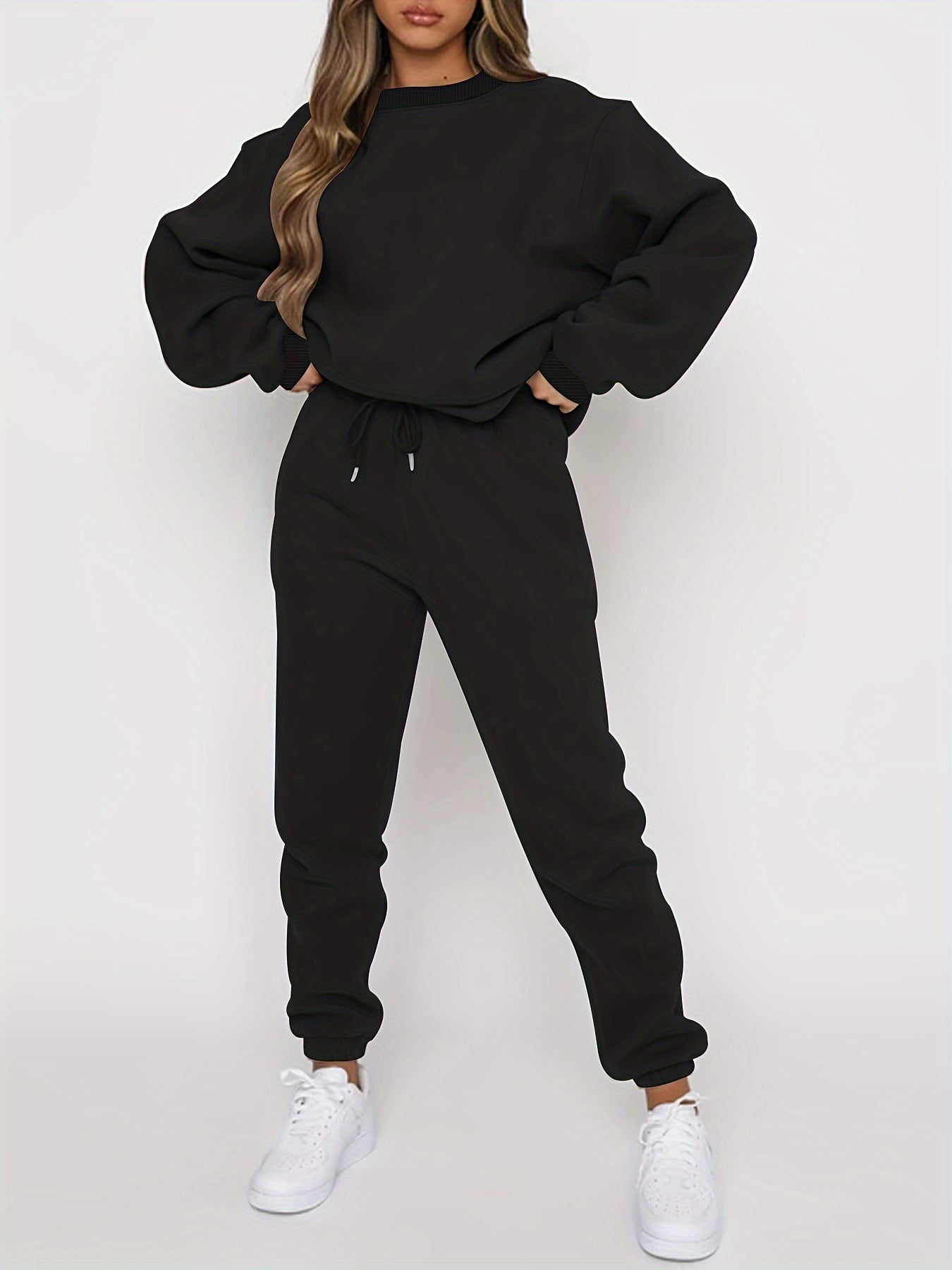 Solid Casual Two-piece Set, Crew Neck Top & Drawstring Jogger Pants