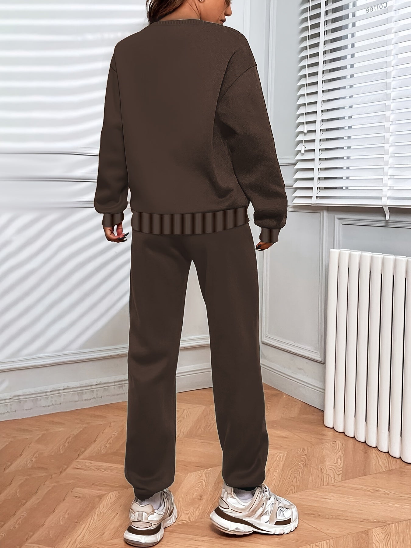 Solid Casual Two-piece Set, Crew Neck Top & Drawstring Jogger Pants