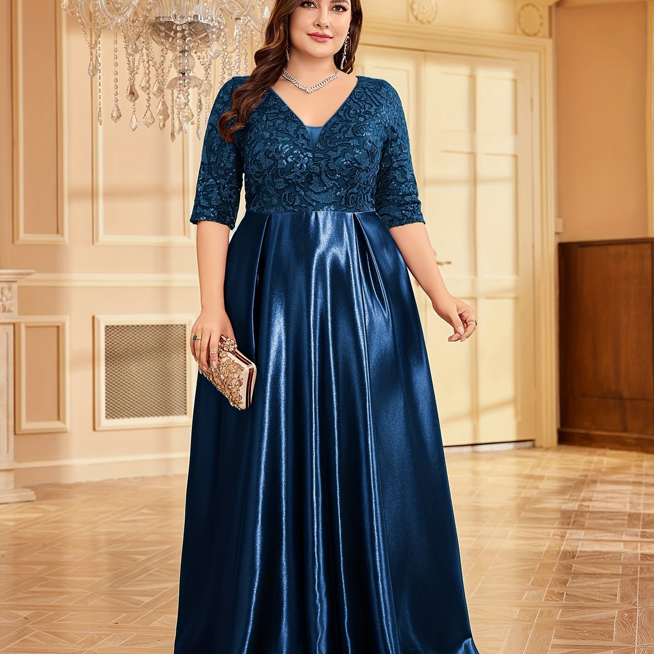 Elegant Navy Blue Sequin V-Neck Dress with Slim Fit Waist - Mid-Sleeve, A-Line Wedding & Banquet Gown, Polyester, Hand Washable