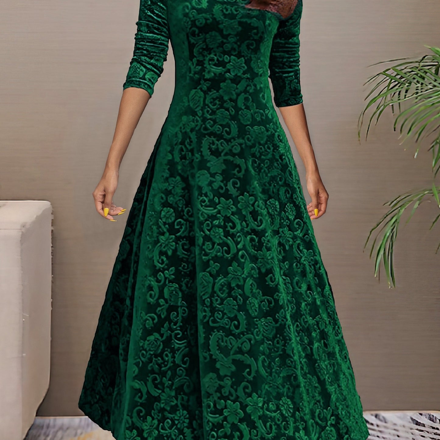 Vestido longo liso, decote em V, manga comprida, estilo elegante para primavera/outono.