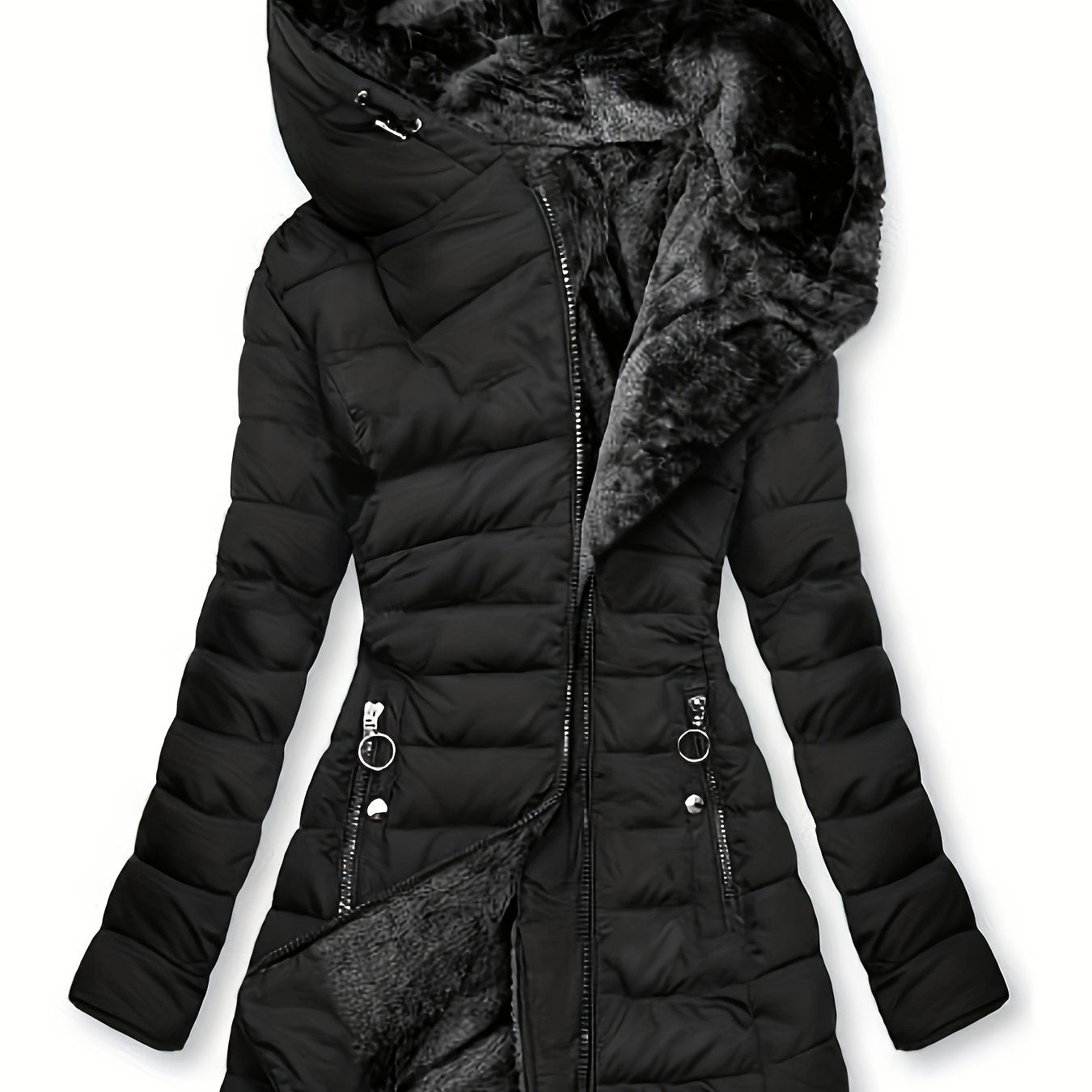 Zip-up Hoodie Puffy Coat, Faux Fur Lined, Casual Winter Coat