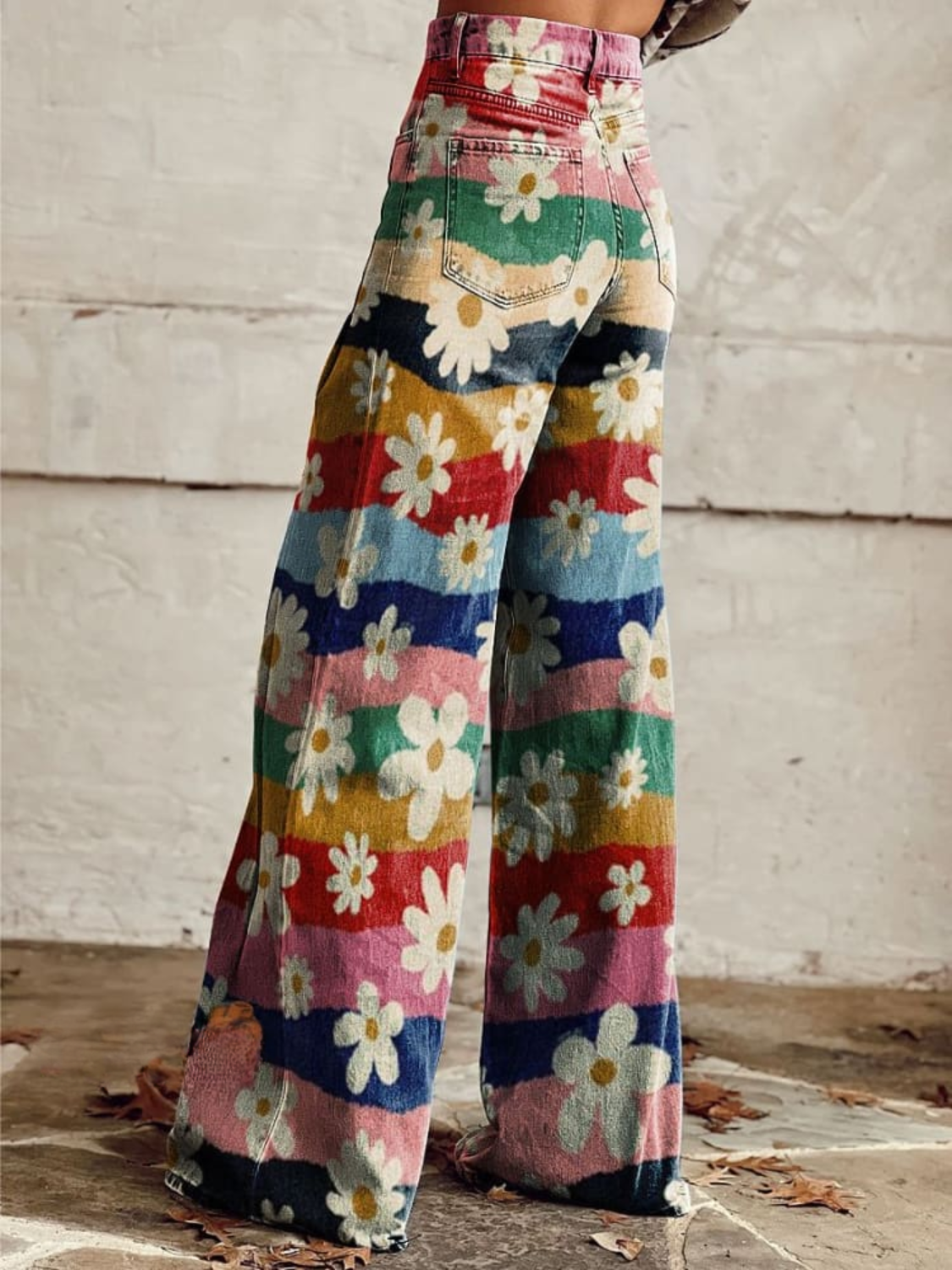 Lily™ - Vintage-Hose mit weitem Bein und bunten Streifen und Blumenmuster
