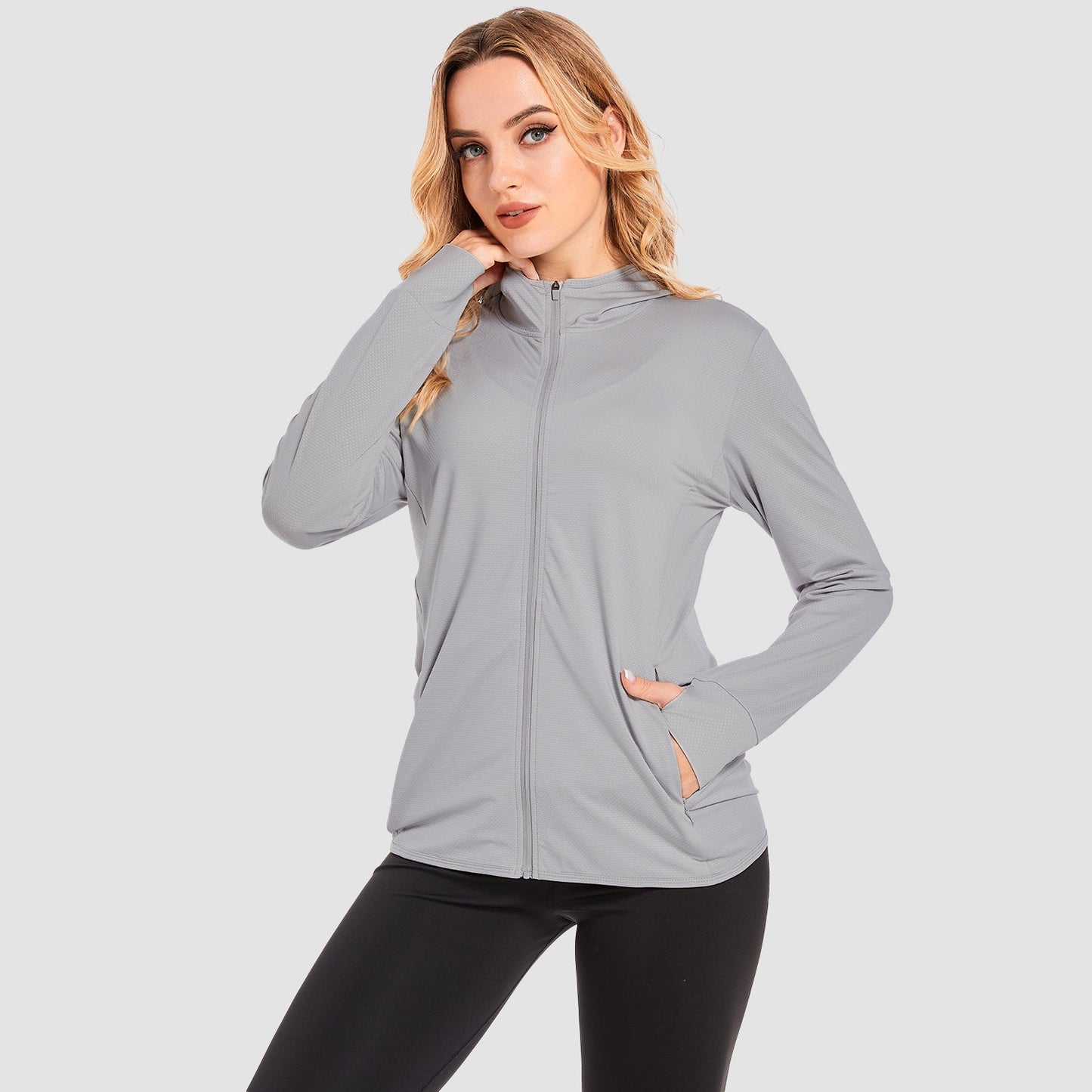 Damen UV-Sonnenschutzmantel, Hemden, langärmelig, schnelltrocknend, für Workout, Wandern, sportlich, leichte Pufferjacke mit Kapuze