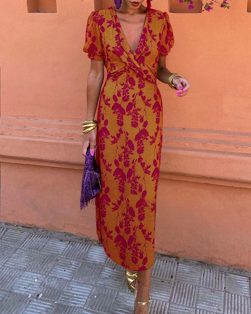 Aria™ - Vestido elegante com decote em V profundo e padrão de folhas
