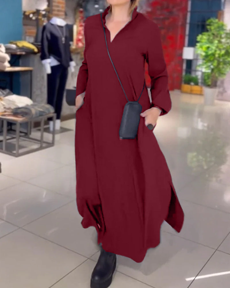 Zoe™ - Vestido longo solto com lapela de fenda lateral