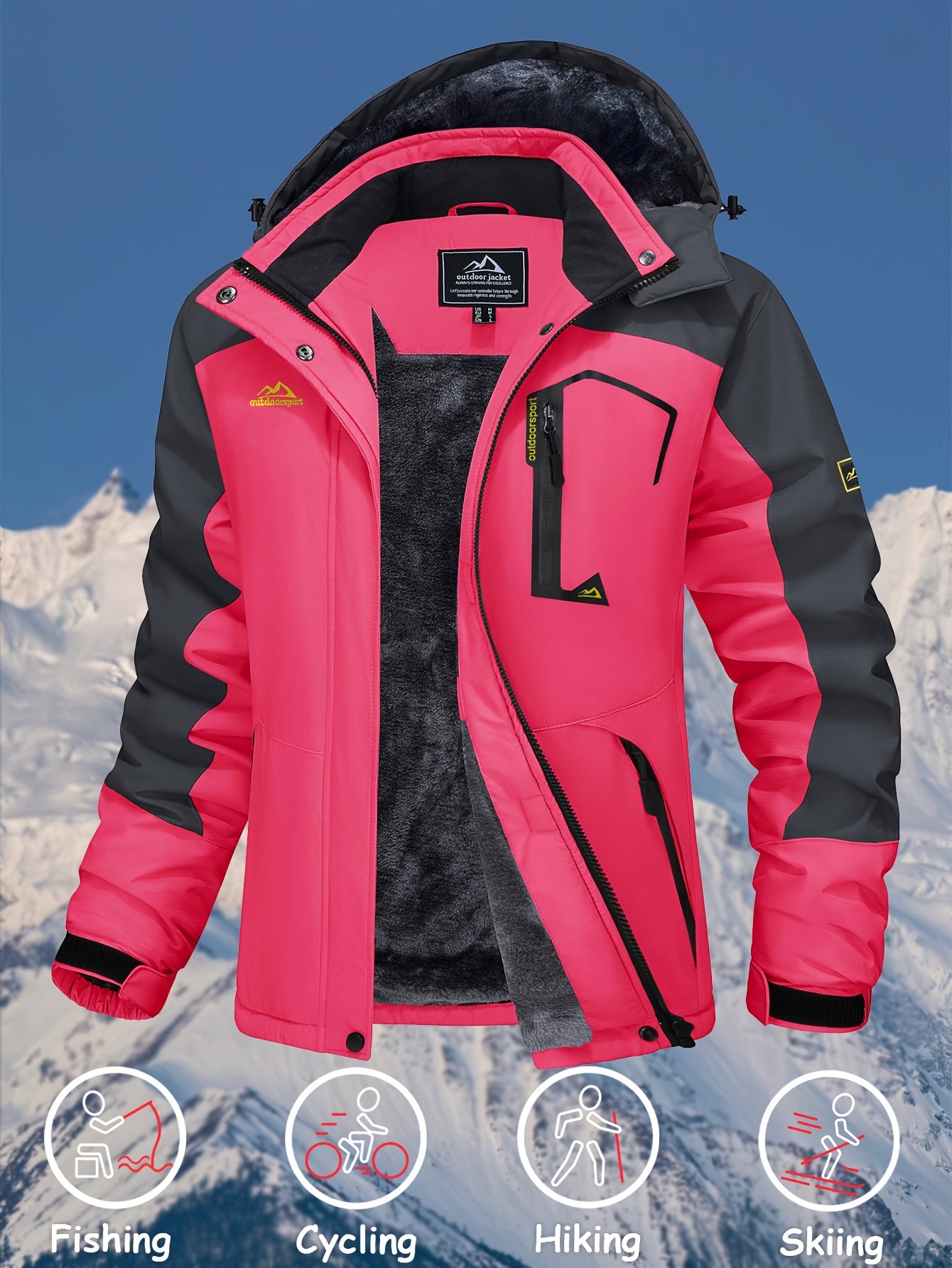 Women's Waterproof & Windproof Ski Jacket - Fleece Lined Thermal Winter Coat with Detachable Hood, Adjustable Cuff, and Zippered Pockets for Skiing, Hiking, and Outdoor Activities, Winter Outdoor Gear | Hooded Warmth Jacket | Waterproof Polyester