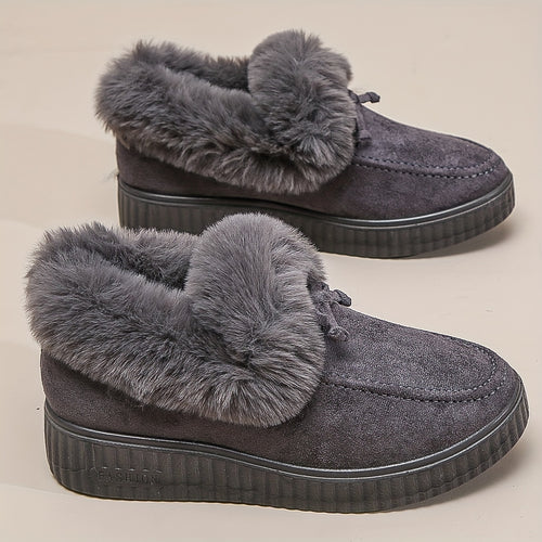 Women's Solid Color Boots, Bowknot Decor Round Toe Non-slip Soft Thick Sole Fluffy Velvet Warm Boots, Winter Comfy Shoes
