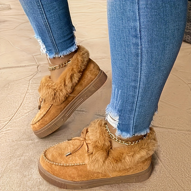 Women'S Winter Ankle Boots, Solid Color, Round Toe, Low Platform Heel, Slip-on, Fabric Upper, Fabric Inner, Fabric Insole, TPR Sole, Plus Size, Warm, Plush, Snow Boots, Ladies Flats for Women