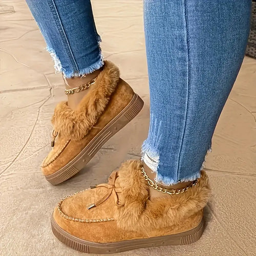 Pelzige Schneestiefel für Damen – Schleife, Plüschfutter, warme flache Stiefeletten