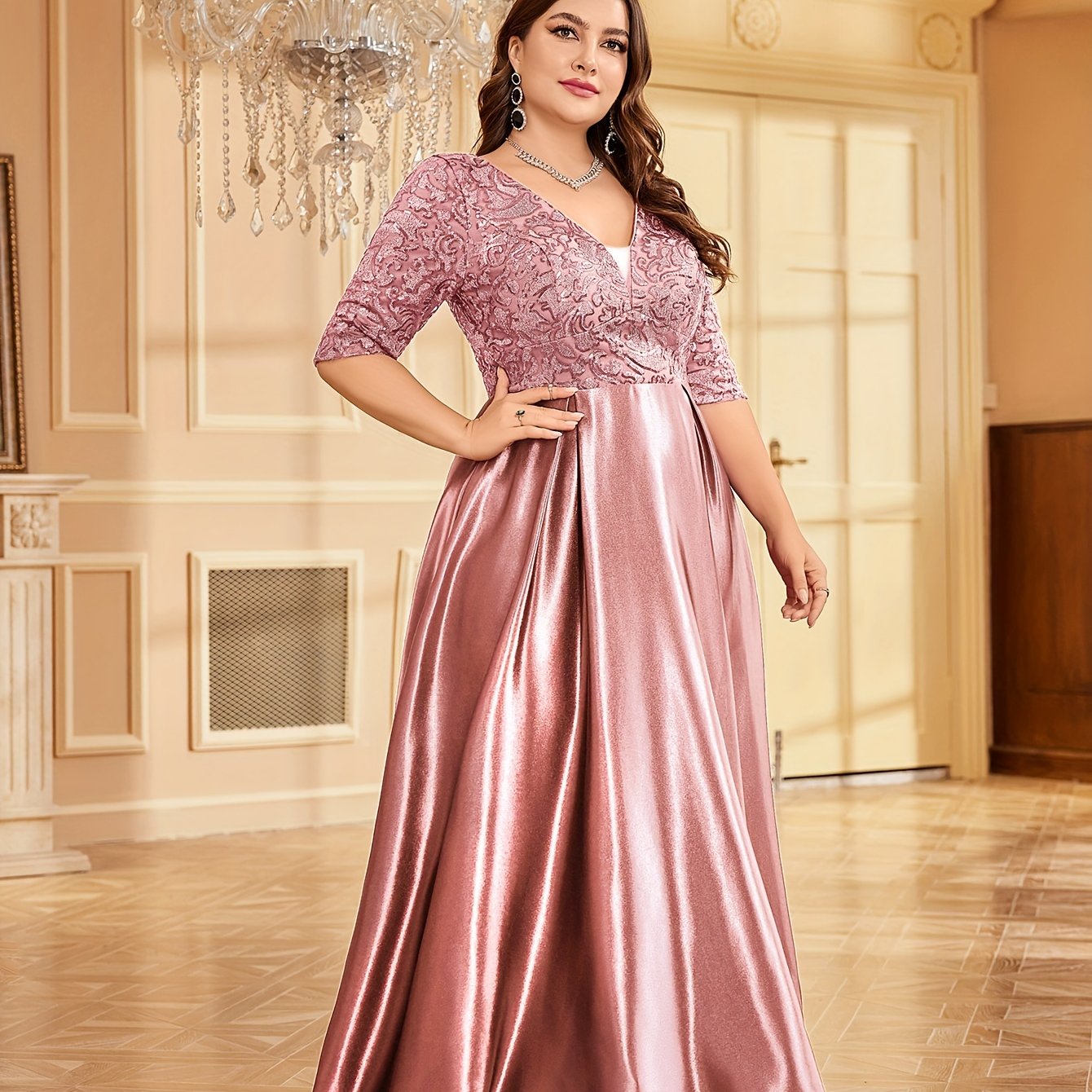 Elegant Navy Blue Sequin V-Neck Dress with Slim Fit Waist - Mid-Sleeve, A-Line Wedding & Banquet Gown, Polyester, Hand Washable