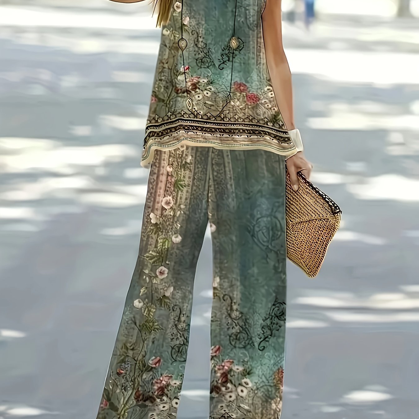 Floral Print Casual Pants Set, Crew Neck Tank Top & Pants Outfits For Summer, Women's Clothing