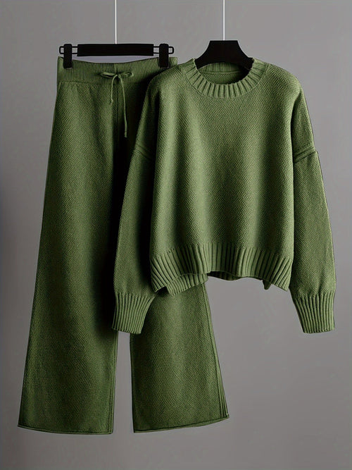 Damen-Set aus Strickpullover und Hose mit weitem Bein – lässig, langärmlig, einfarbig