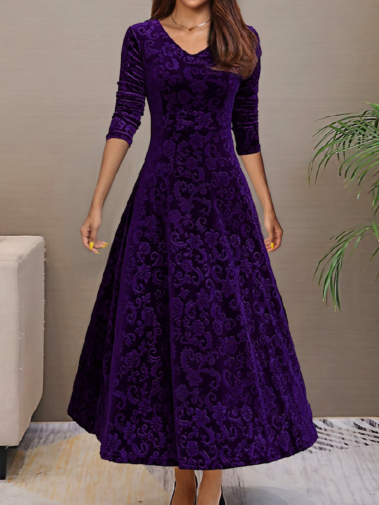 Vestido longo liso, decote em V, manga comprida, estilo elegante para primavera/outono.