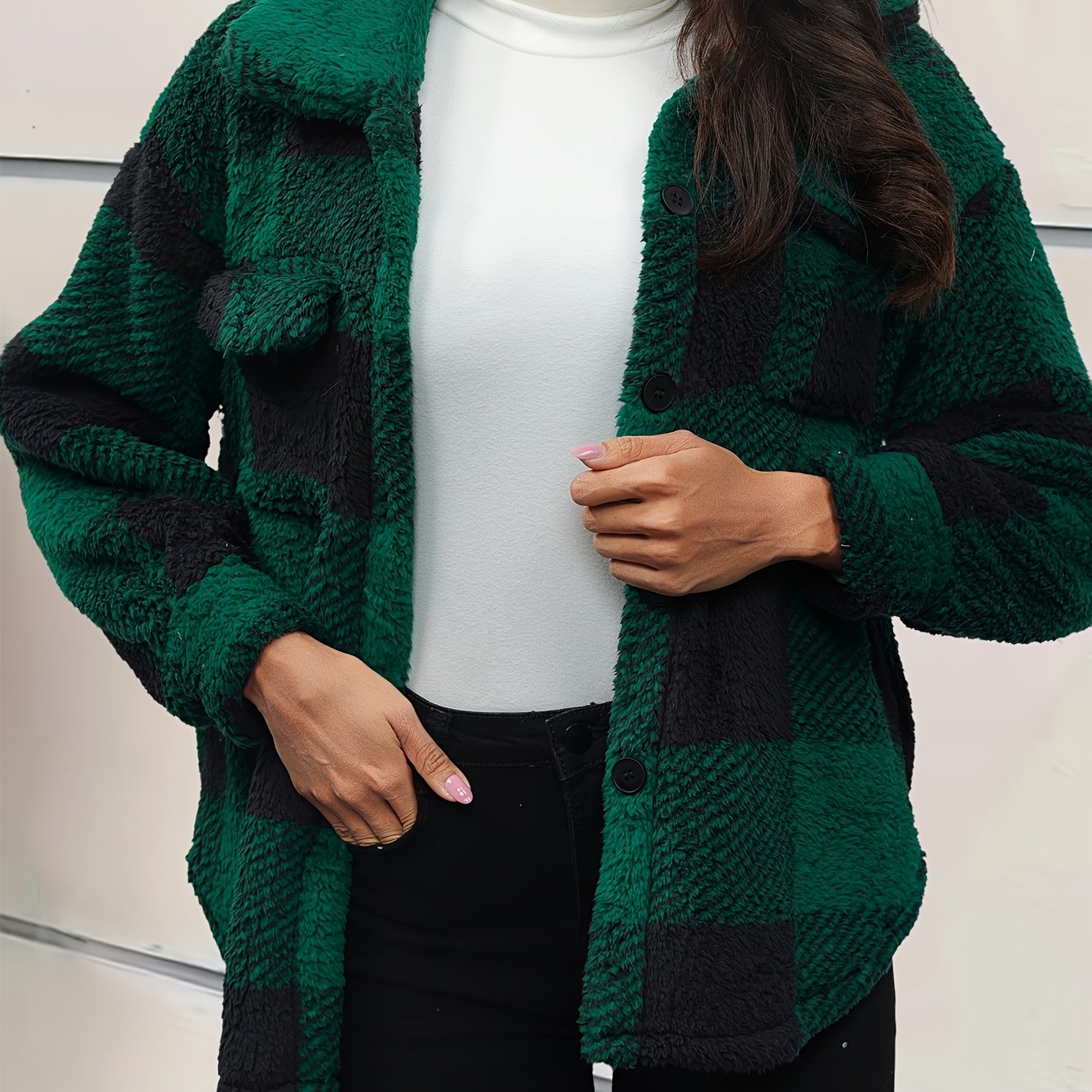 Elegant Plush Winter Jacket - Polyester and Elastane, Checkered Pattern, High Stretch Fabric, Machine Washable, Knitted Style