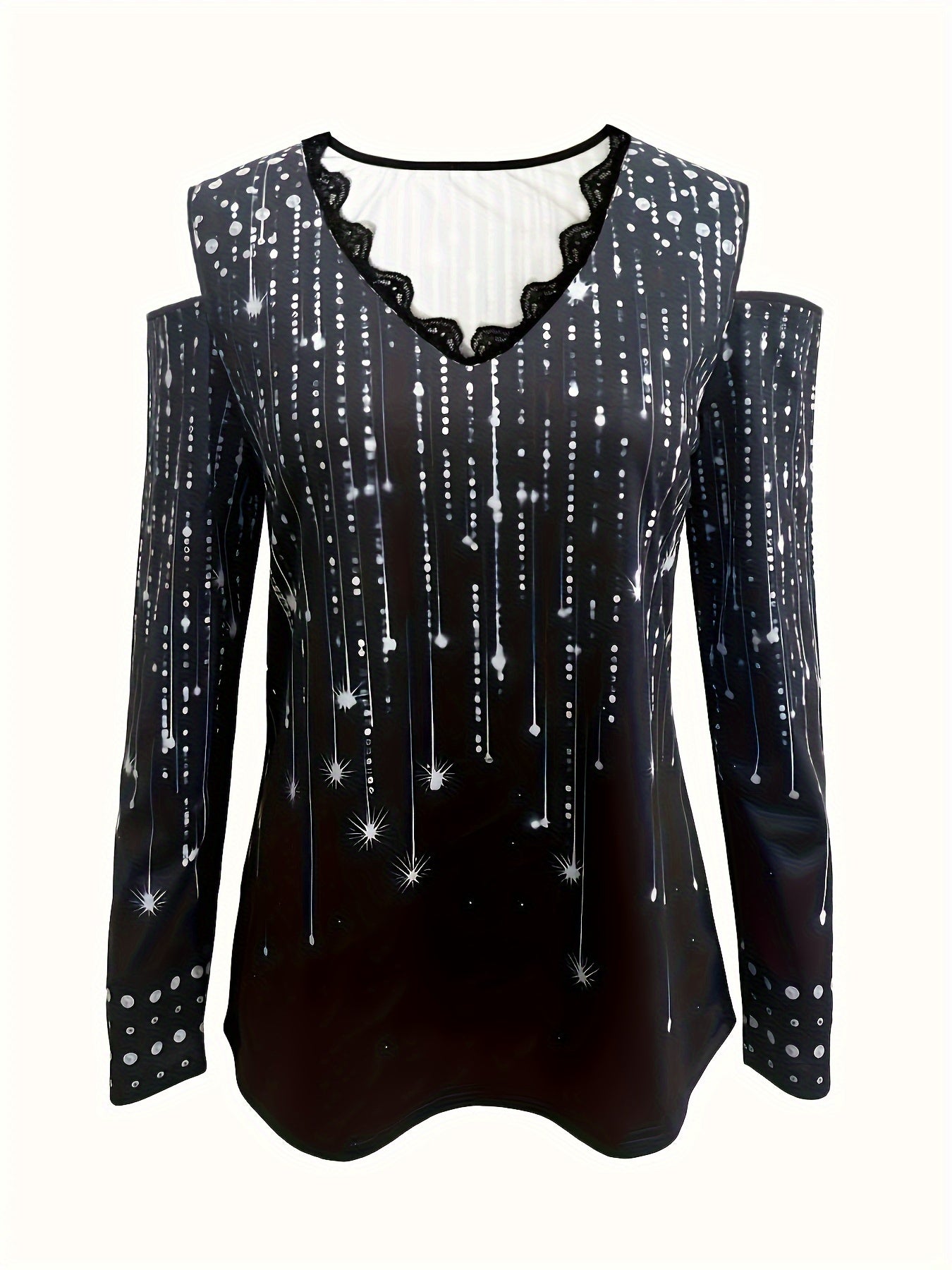 Camiseta com decote em V e acabamento em renda, blusa elegante com ombros descobertos para primavera e outono.